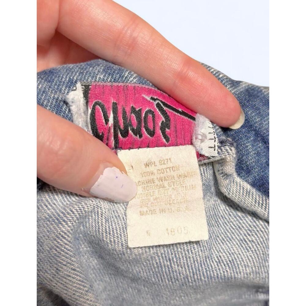 Vintage 80s Chaos High Waisted Acid Wash Denim Skirt Caramel Leather Belt - Picture 6 of 6
